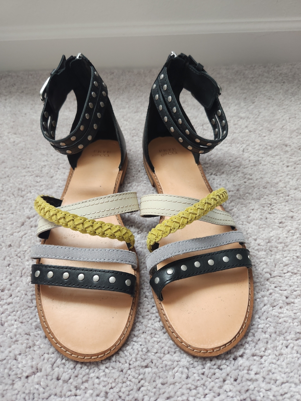 FRYE AND CO. Studded Multi-Strap Leather Sandals in Black, Gray, Cream & Yellow